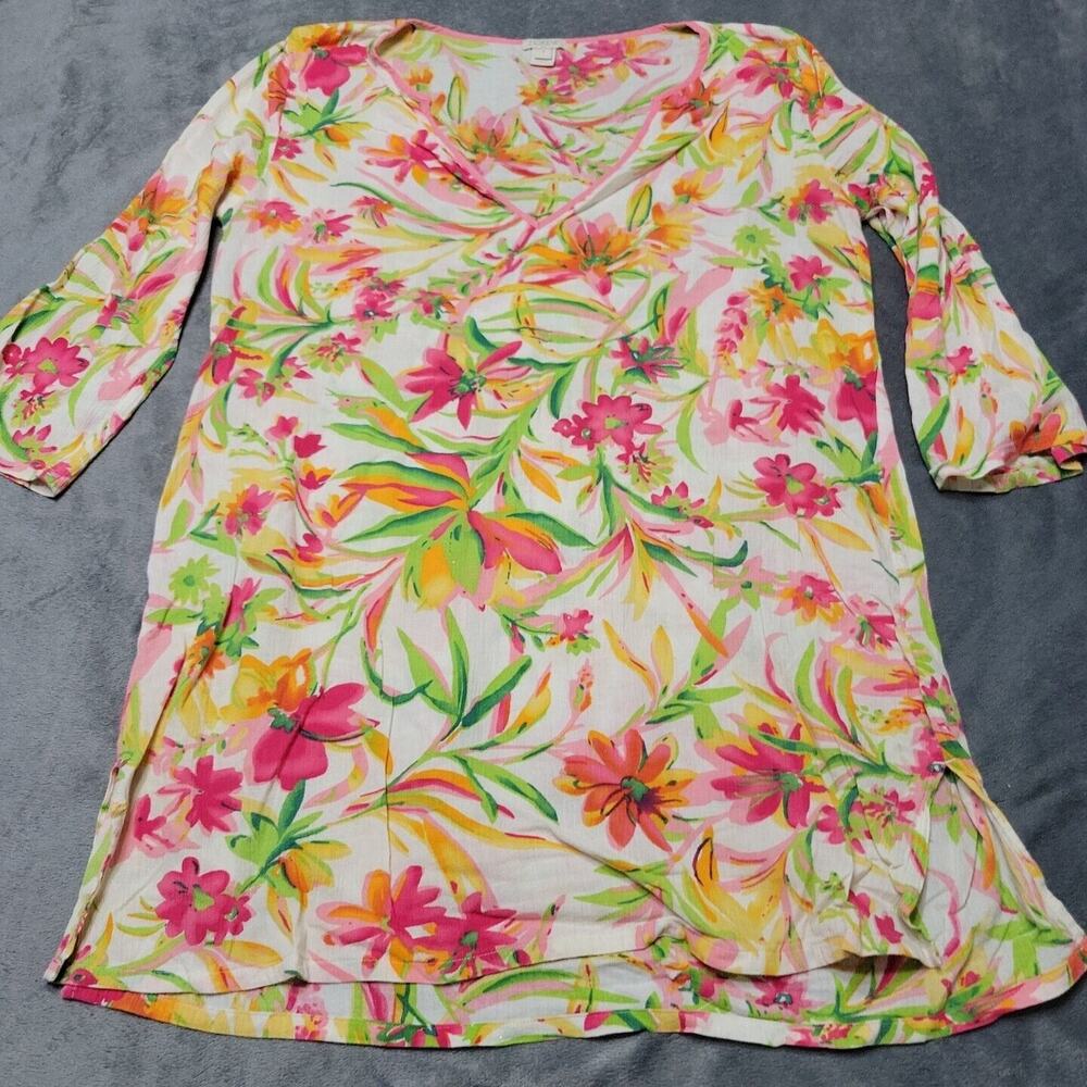 J Crew Tunic Womens Oversized Small Dress Pink Floral V Neck 3/4 Sleeve Cover Up